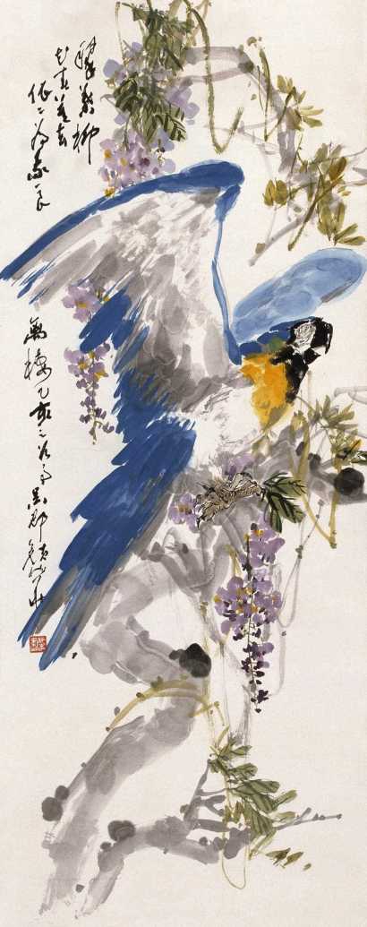 颜梅华 1995年作 鹦鹉春喜图 立轴